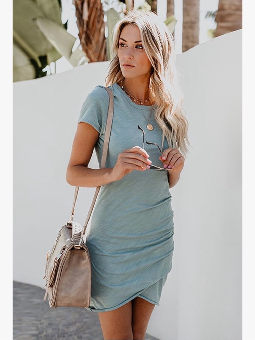 Women’s Short Sleeve Ruched T-Shirt Dress in Light Teal- Small